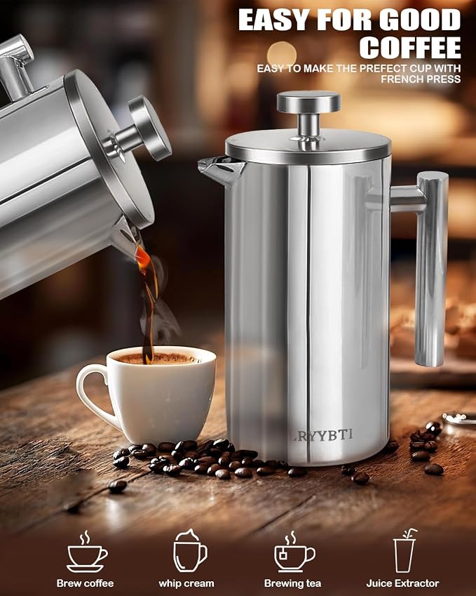 French Press Coffee Maker, Silver, 34 OZ (1 Litre) | 304 Stainless Steel Coffee Press with scale lines and 2 Extra Filters for Kitchen & Camping