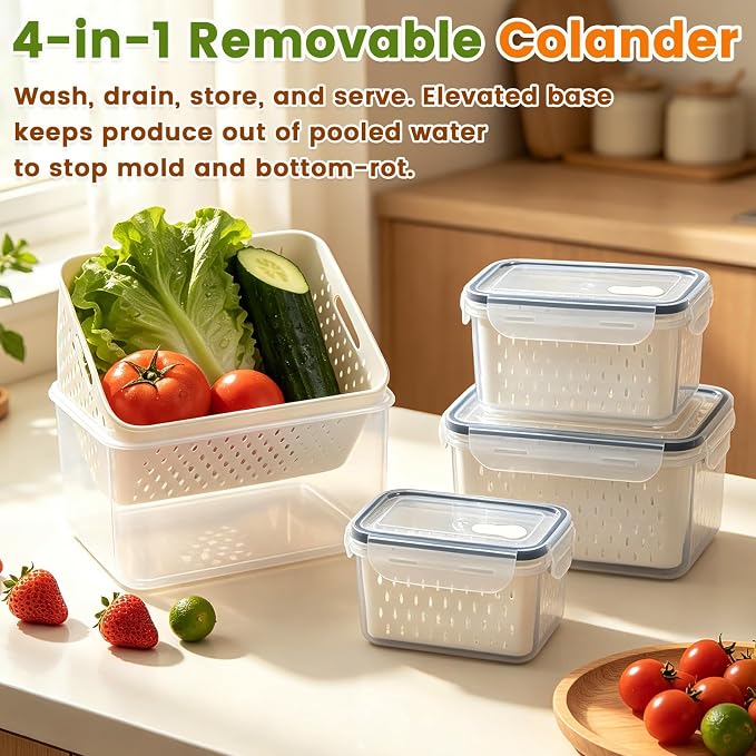 TBMax 8 Pieces Airtight Fruit Storage Containers for Fridge with Air Circulation Vent, 4 Pack Produce Saver with Colander for Berry Lettuce Salad Vegetable Storage, Refrigerator Organizers -Purple
