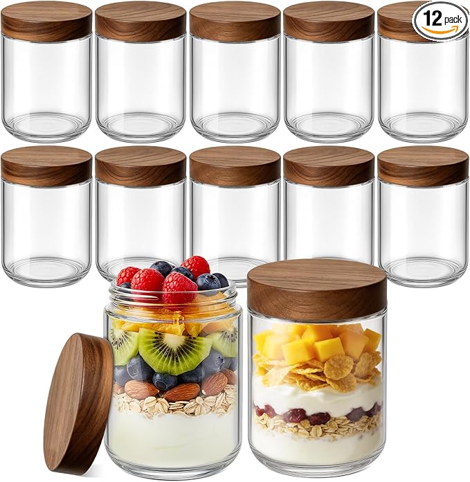 Bumobum 16 oz Overnight Oats Jars with Wood Lids, 12 Pack Chia Pudding Jars | Acacia Wood Lids, Airtight Seal, Easy to Fill, Food Storage Containers for Snacks, Yogurt, Spices, Coffee and Meal Prep
