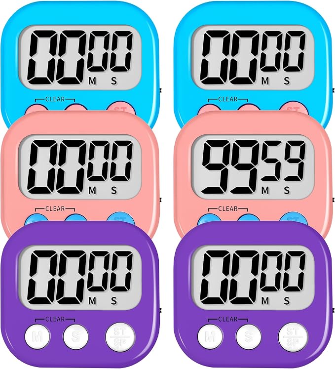 ZILLEEN Digital Kitchen Classroom Timers for Kids Cooking 6pcs Blu Pk Pur | Strong Magnetic, Large Screen, Big Button, Count Up/Down, Loud Alarm, Teacher Classroom Must Haves Supplies