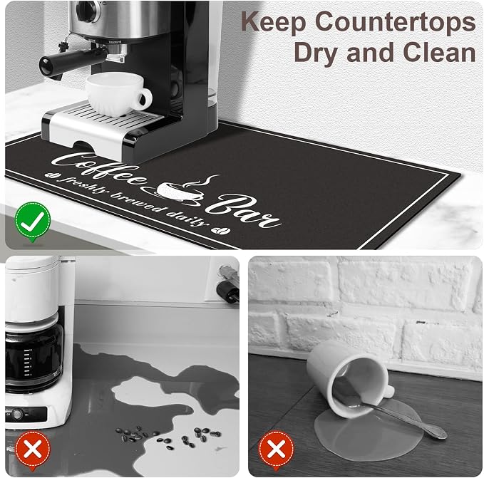 CooRug Fashion Coffee Mat, Dish Drying Mat 12" x 20" Black | Hide Stain, Absorbent, Coffee Bar Accessories, Heat Resistant, Non-slip, Eco-friendly, Easy to Clean