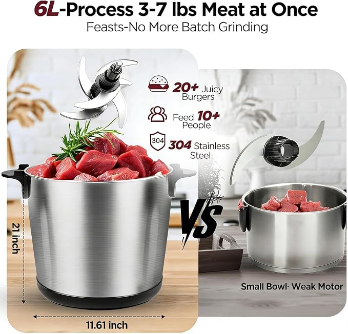 6L Electric Meat Grinder & Food Processor, 1200W Stainless Steel Meat Chopper with 6 Sharp Blades, 2-Speed Large Capacity Food Chopper for Beef, Chicken, Fish, Vegetables & Meal Prep