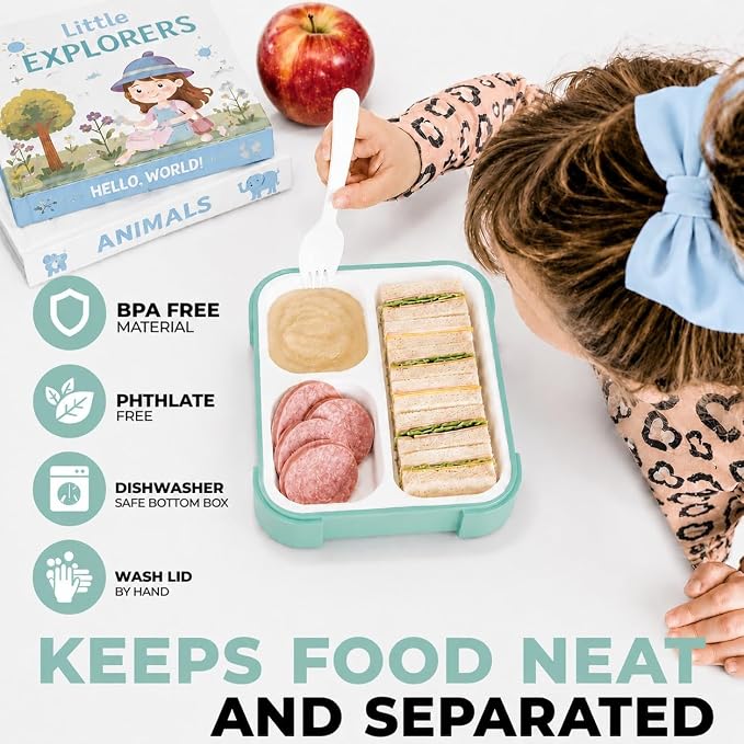 kinsho Medium Bento Box for Kids Toddlers, Lunch-Box for Boys Or Girls, Leakproof 3 Compartment Containers for Meal for Snack at Daycare School Travel, BPA Free, 2 Pack Pastel Teal + Pink