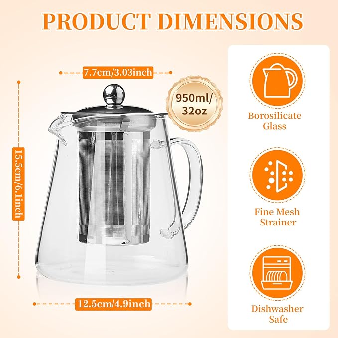 Glass Teapot with Stainless Steel Infuser, Borosilicate Tea Kettle, Clear Tea Maker for Loose Leaf Tea (950ML)