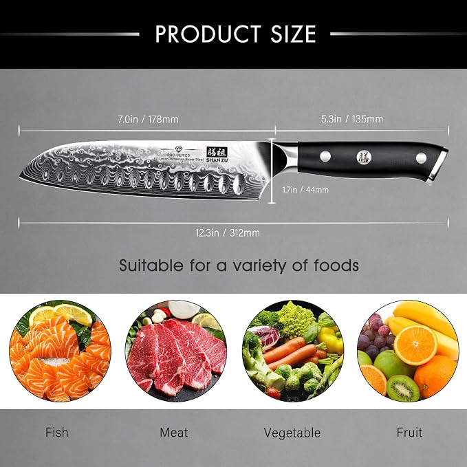 SHAN ZU 7 In Damascus Chef Knife, Japanese Santoku Chef's Knife | Damascus High Carbon Stainless Steel Multifunction Kitchen Knives& Ergonomic Fiberglass G10 Handle