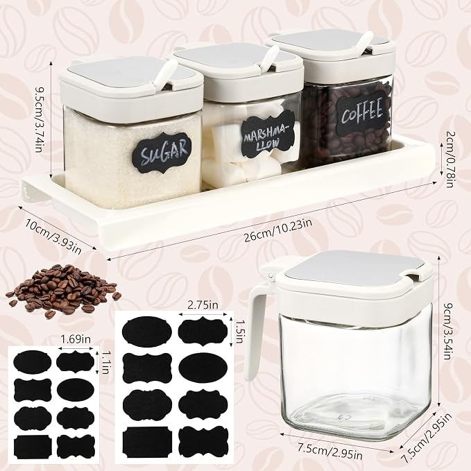 3 Pcs Glass Coffee Containers Coffee Station Organizer Set, Airtight Bean Storage Jars with Shelf,labels,spoon, Base and Pen,for Sugar, Candy, Oats, Nuts(White)