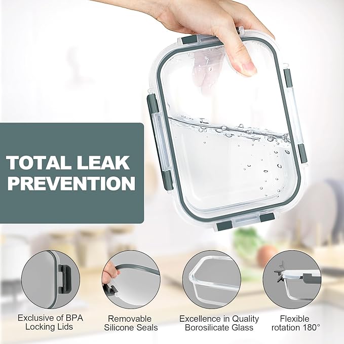 VERONES 10 PACK 22 OZ Glass Meal Prep Containers Set with Lids, Grey | Airtight Glass Lunch Containers Set, Glass Food Storage Containers, for Microwave, Oven, Freezer & Dishwasher Friendly
