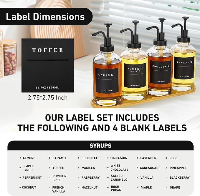 Coffee Syrup Dispenser for Coffee Bar, Coffee Syrup Pump Dispenser, Glass Syrup Bottle with Black Upgraded Pump, 4 Pack 16.9 oz 500 ml Syrup Dispensers, 28 Labels and Large Bamboo Tray