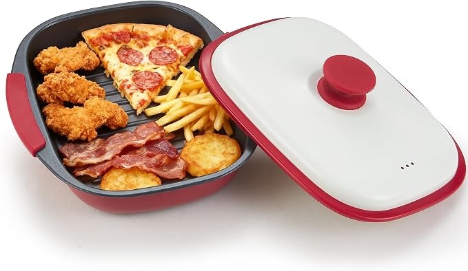 Microwave Grill Pan with Lid – Multi-Use Griddle & Crisper Tray for Browning, Grilling, and Crisping Meat, Sandwiches & Vegetables – Microwave Safe Cookware for Fast, Even Cooking