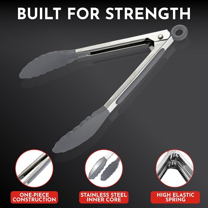 Kitchen Tongs - 12, 9 & 7 Inch Locking Silicone Tongs for Cooking, Set of 3 | Grey Tongs with Silicone Tips, Heat Resistant Tongs for Grilling, Serving, Mixing