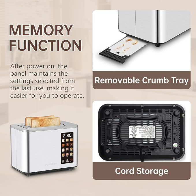 SEEDEEM 2 Slice Toaster with Full Touch Screen, Stainless Steel, 6 Bread Types & 6 Shade Settings, Countdown Display, Removable Crumb Tray, 900W, Silver