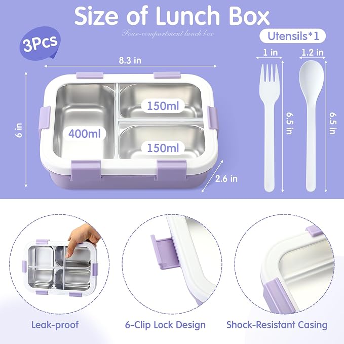 LemonRoad 3 Pcs 304 Stainless Steel Bento Box with Spoon Fork, 24 oz, Pastel