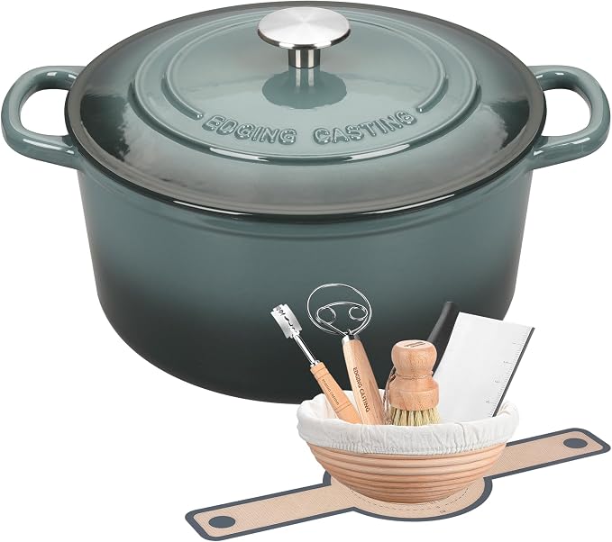 EDGING CASTING Enameled Cast Iron Dutch Oven with Sourdough Bread Baking Kit, Bread Dutch Oven with Lid, Includes Proofing Basket & Baking Tools, 5qt, Slateblue
