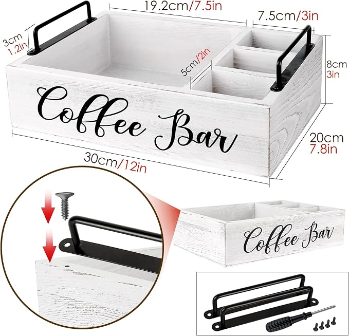 MINCORD Coffee Station Organizer Wooden Coffee Bar Organizer | Farmhouse Kcup Coffee Bar Accessories Pod Storage Holder Basket with Handle for Countertop - White