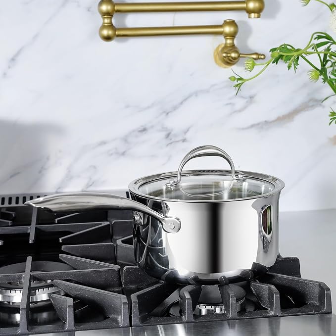 KEAWELL K3 Premium Tri-Ply Fully Clad Saucepan with Lid (3-Qt) | Tri-Ply Fully Clad Stainless Steel Saucepan; Small Pot with Lid; Even Heating; Induction and Oven Safe; For All Stovetops