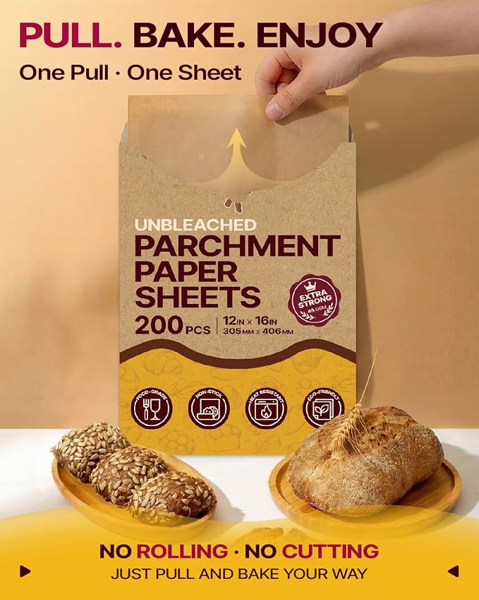 Katbite 200Pcs 12x16 In Unbleached Parchment Paper for Baking, Precut Parchment Paper Sheets, Heavy Duty Flat Baking Paper, Half Sheet Baking Sheets for Baking Cookies, Cooking, Air Fryer, Oven | Heavy Duty and Non-Stick Extra Strong Parchment Paper Sh...