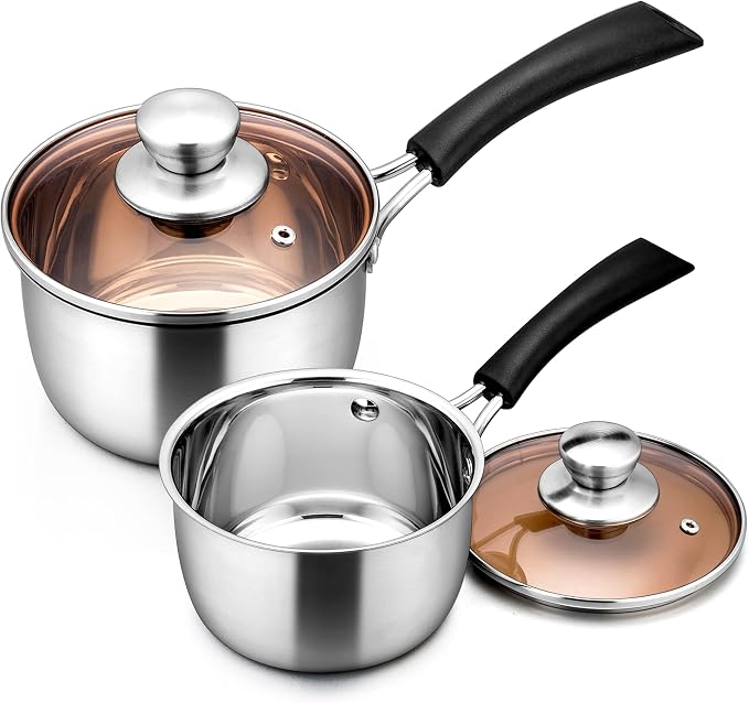 LIANYU Sauce pan Set with Lid, 1 Quart and 2 Quart Stainless Steel Saucepan | Small Kitchen Cooking Pot for Milk, Soup & Butter, Stay-cool Handle, Induction Ready, Nonstick & Non Toxic, Dishwasher Safe