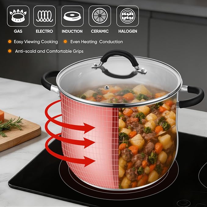 P&P CHEF 12 Quart Stainless Steel Stock Pot, Cooking Pot with Visible Lid | For Soup Pasta, Tri-Ply Bottom & Dual Heatproof Handles, For Induction Gas All Stoves, Non-Toxic & Dishwasher Safe