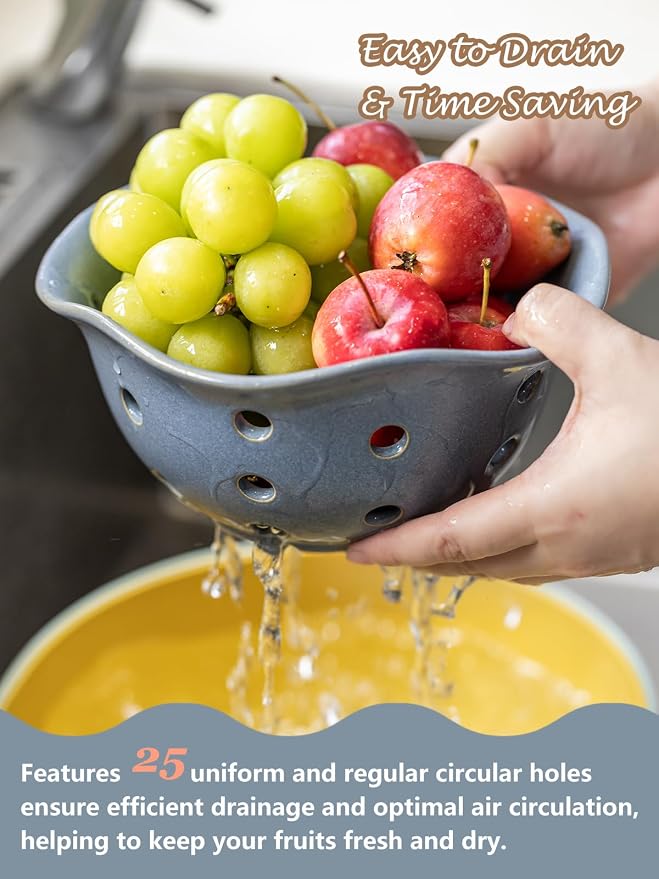 Gomakren Fruit Basket Set of 2, Ceramic Fruit Bowl Berry Basket with Holes, 7.6 Inch Fruit Containers Colander for Fridge - Farmhouse Kitchen Decor, Slate Blue