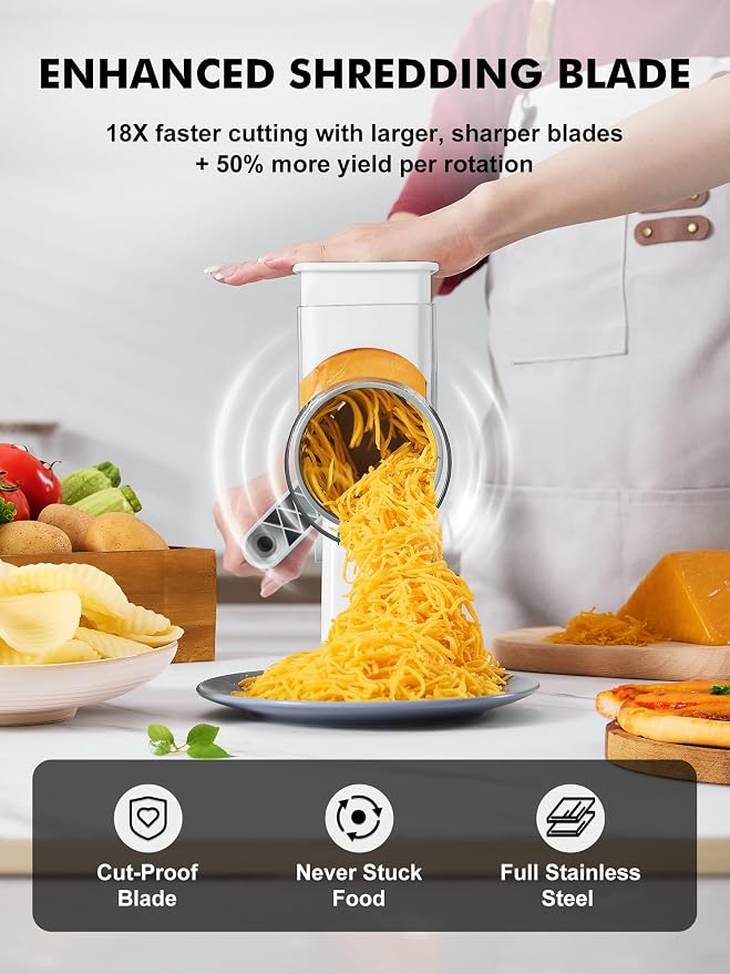 GDL Upgraded Cheese Grater Shredder Hand Crank, Vegetable Slicer, 4 Blades | 18x Faster Cutting, Stronger Suction Base, No BPA, Stainless Steel Blade, Dishwasher Safe, For Cheese & Veggies & Nuts