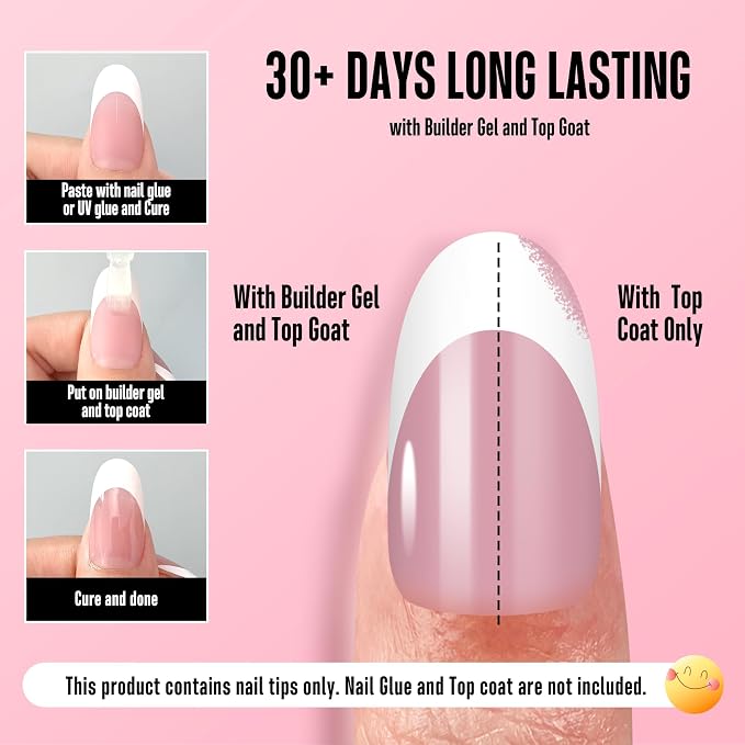 NOVO OVO White French Tip Oval Nail Tips Press on BERRY PINK, Extra Thick Medium Soft Gel Fake Nail Acrylic Extension, Need Builder Gel Top Coat, No Glue Included, for Salon DIY x 15 Sizes 240 pcs