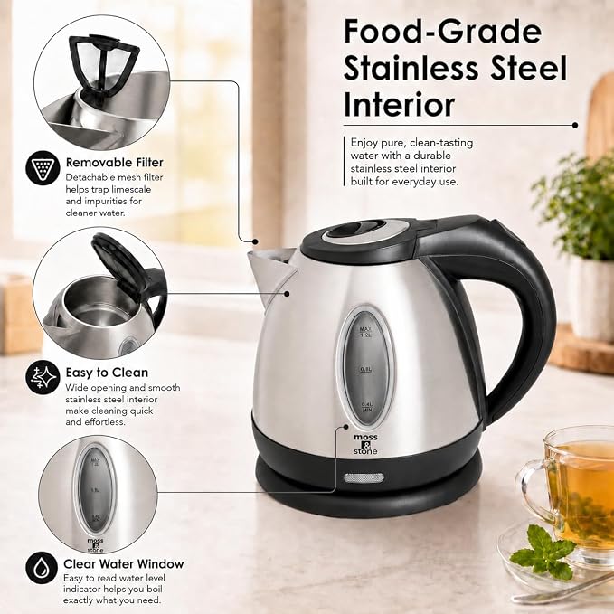 Moss & Stone Stainless Steel Electric Kettle, 1.2L Cordless 1500W | Small, portable hot water tea kettle, fast boiling pot, boil-dry protection, auto shut-off, blue Illuminate LED light