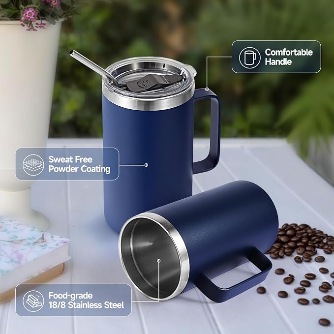Volhoply 22oz Insulated Stainless Steel Coffee Mugs with Leakproof Lid Bulk 2 Pack,Double Wall Vacuum Travel Coffee Cup with Handle,Reusable Metal Tumbler,Camping Mug Keep Hot&Cold(Navy,2)