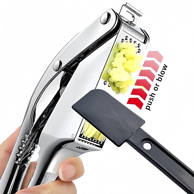 WUJIE Stainless Steel Garlic Press and Slicer - 2-in-1 Crusher and Mincer, Professional Kitchen Tool with Cleaning Brush for Garlic and Ginger, Aluminum Alloy