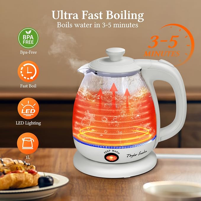 Taylor Swoden Electric Kettle With Tea Infuser, 1L, White | Keep Warm, LED Light Hot Water Boiler & Heater For Coffee & Tea, Auto Shut-Off & Boil Dry Protection, Bpa Free
