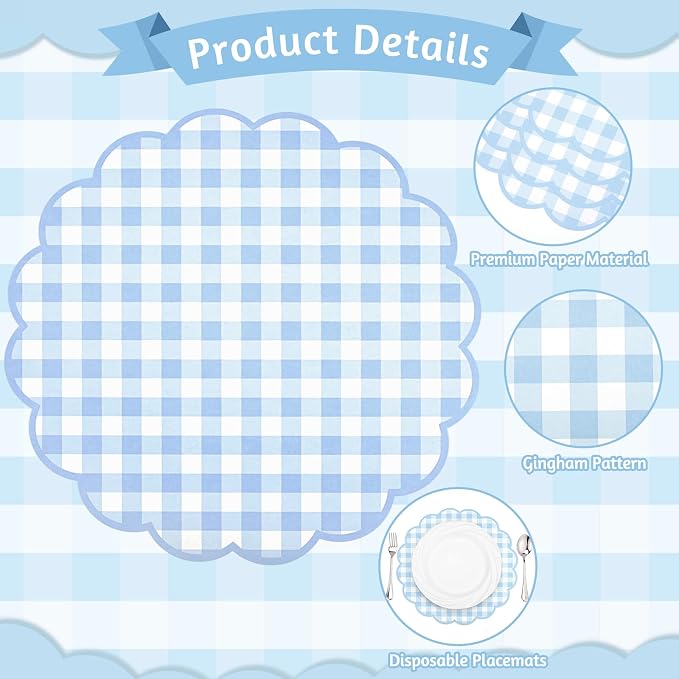60 Pcs Blue Gingham Paper Placemats, Scalloped Blue Checkered Place Mat | 13.5 Inch Disposable Table Placemats Decorative Paper for Table Setting Baby Shower Wedding Bridal Banquet Tea Party
