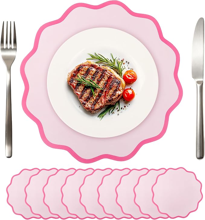 50 Pcs Pink Scalloped Paper Placemats, Disposable Wavy Edge Table Mats | 13.7 Inch Round, Italian Summer Place Mats for Wedding Baby Shower Birthday Tea Party Bridal Shower Table Decor