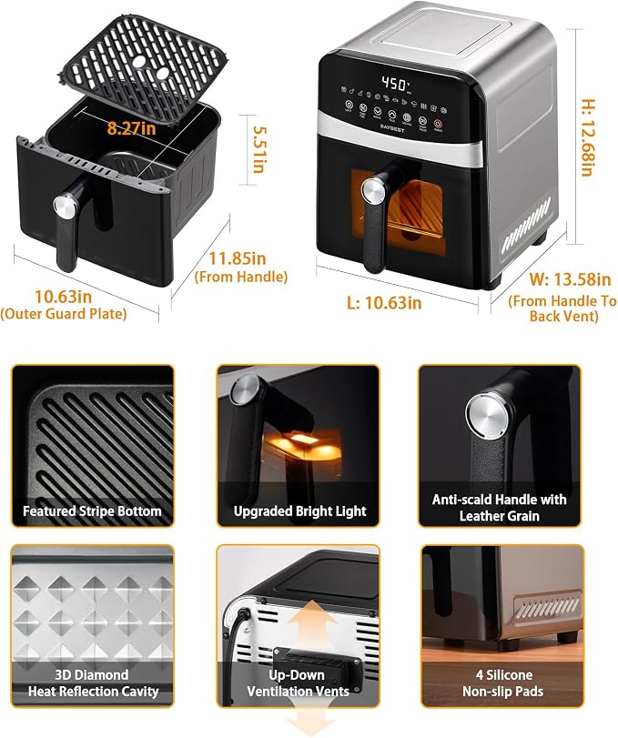 Stainless Steel Air Fryer Ceramic Coated Basket 6QT Dual-Blaze 450℉ (Metal) | Non Stick Teflon-Free Premium Coat Healthy and Easy Clean, Max 450℉ Fast Cook in 1700W, Visible 8.27" for 2-3 Servings