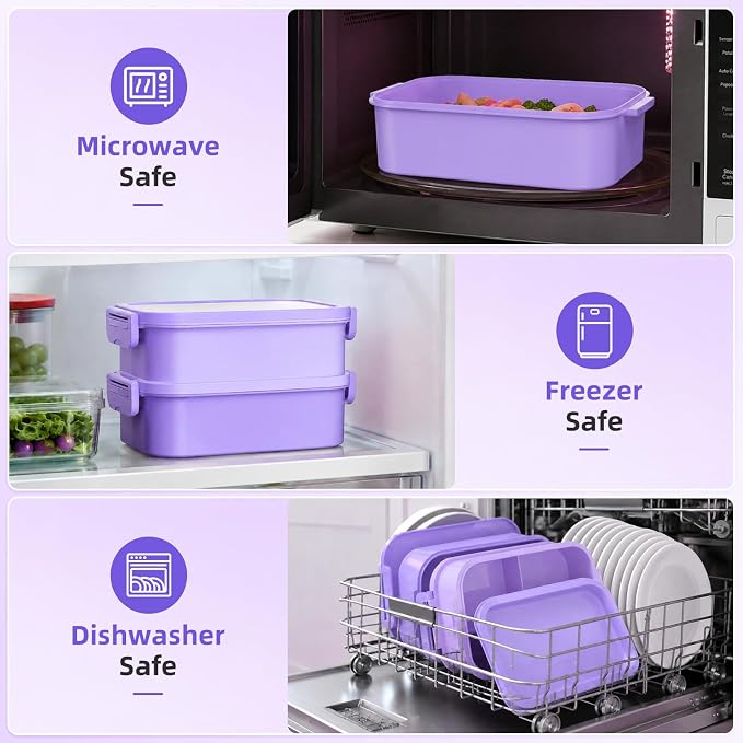 Adults Lunchbox Bento Box with Lunch Bag for Women-74 OZ All-in-One Stackable Lunch Box for Adults Kids Leakproof Bento Large Lunch Box Containers with Fork Spoon Sauce Box for Work School (Purple)