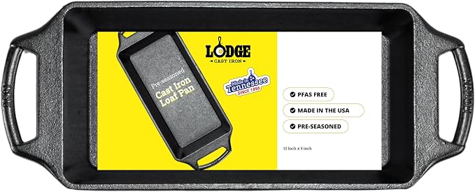 Lodge Seasoned Cast Iron Loaf Pan 10 Inches - Pre-Seasoned Rectangular Cast Iron Bakeware- Even Browning Bread Pan with Easy-Release Finish - PFAS-Free Non-Toxic Cookware