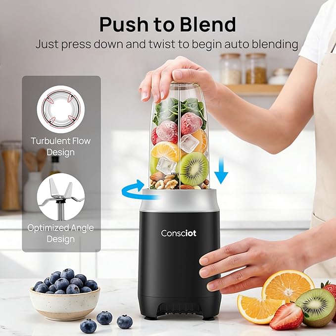 Consciot CB10 11Pcs Personal and Countertop Blender Combo, 900 Peak Watts | Make Shakes & Smoothies, Frozen Drinks, Baby Food, Spreads & More, 3 Portable BPA Free To-Go Cups, 2 Spout-Lids & 1 Flat-Lid
