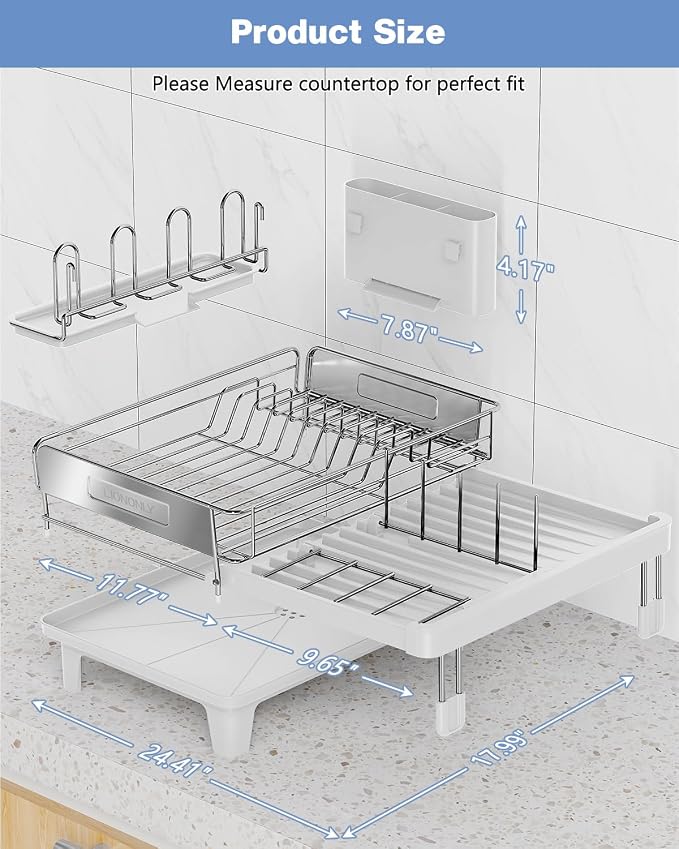 Expandable Dish Drying Rack, Dish Racks for Kitchen Counter, Stainless Steel 304, Flip-Top Retractable Plate, Multi-Directional Adjustable Dish Rack, Space Saving Large Drying Rack Kitchen, White