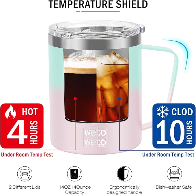 WETOWETO 14 oz Coffee Mug Set, Vacuum Insulated Camping Mug with Lid, Double Wall Stainless Steel Travel Tumbler, Coffee Cup Outdoor, Powder Coated Sweet Taffy