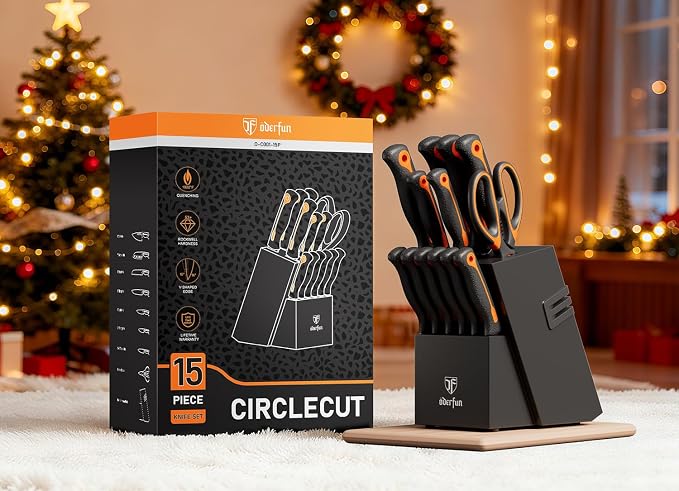 Knife Block Set, 15 PCS Dishwasher Safe Kitchen Knife Set, Non-slip | Razor-Sharp knives set with sharpener, High Carbon Stainless Steel, Ergonomic Handle, Elegant Box for Her Him Women