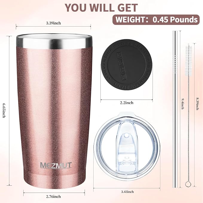 MEZMUT 20oz Insulated Tumbler Travel Coffee Mug with Lid(Rose Gold,4 Pack) | Stainless Steel Double Wall Vacuum Spill Proof Metal Tumbler Bulk with Lid and Straw, Hot or Iced Coffee Cup for Man Women
