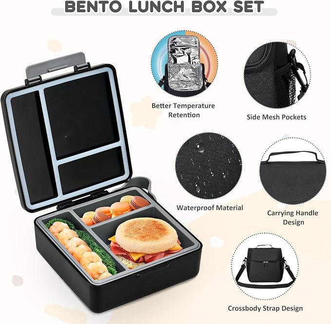 Pawtong Lunch Box Set with Bento Box Container, 17OZ Stainless Steel Food Soup Thermo, Kids Water Bottle & Portable Insulated Lunch Bag – Leakproof, Hot/Cold Retention for School, Travel (Black)