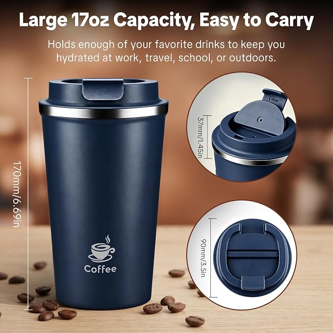 17oz Travel Coffee Mug ,Leakproof Vacuum Coffee Cup Insulated Tumbler | 304 Stainless Steel, Double-Wall Vacuum Insulated, Leakproof, Fits Hot & Cold Drinks Car Cup Holders, Travel, Office