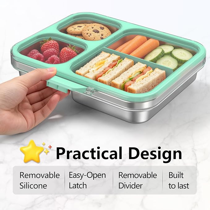 HOMEKOL Stainless Steel Bento Lunch Box 3-Compartment, 4.2Cups, Green | Leak-Proof Metal Lunch Container for Kids & Adults, BPA-Free, Dishwasher Safe, Clear Tritan Lid, 1000ml (Not Insulated)