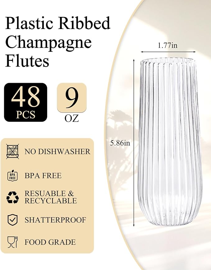 Ciaell 48 Pack Plastic Champagne Flutes for Weddings Birthdays | 9 oz Clear Ribbed Mimosa Glasses, Heavy Duty Plastic, Champagne Wine Mimosas Cocktails for Parties Catering Bars
