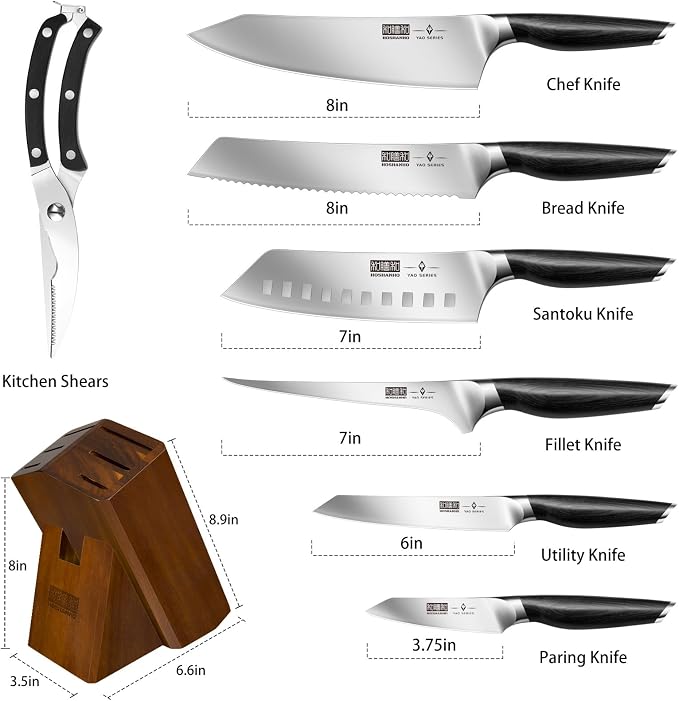 HOSHANHO 8PCS Knife Set, Razor Sharp Japanese Kitchen Knife Set with Block | High Carbon Powder Steel Knife Block Set, Professional Chef Knives Set with Scissors, Ergonomic Pakkawood Handle, Gifts