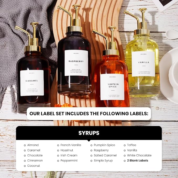Coffee Syrup Dispenser for Coffee Bar, Coffee Pump Dispenser, Glass Syrup Bottle w. Pump, Maple/Coffee Syrup Bottles, Set of 4 w. Labels, Gold
