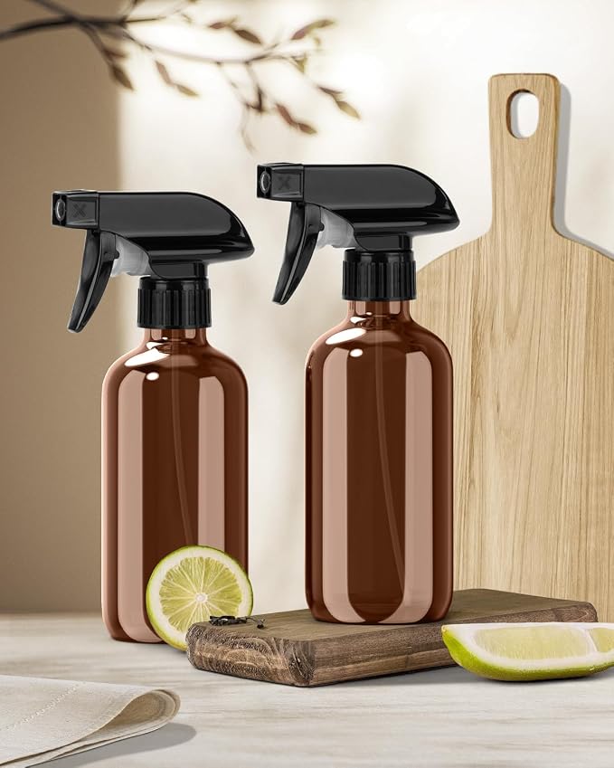 Bontip Glass Spray Bottle 16 oz for Cleaning, Plants (2 Pack, Amber) | Refillable spray bottle Set, BPA-free eco glass, With labels and funnel, Great for cleaners, plant misting, hair care