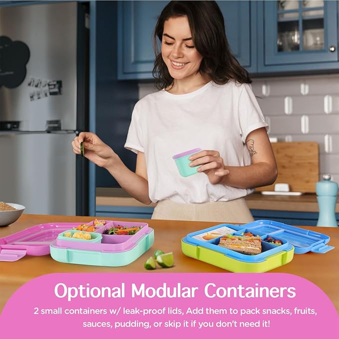 Caperci Bento Box for Kids Age 4-8 - 4.8 Cups Lunch Box with 2 Modular Containers - 4 Compartments Lunch Container, Leak-Proof, Portable Handle, Microwave/Dishwasher Safe (Orchid/Light Cyan)