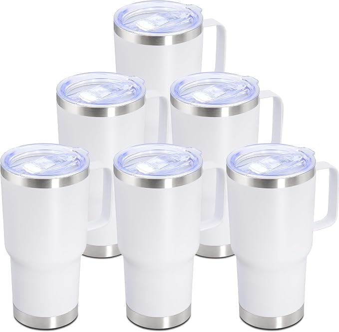 20 oz Tumbler with Handle Coffee Tumblers with Lid Travel Mug White 6P | 20oz Tumblers with Handle Double-Wall Insulated Vacuum Coffee Mugs Stainless Steel Tumbler with Handles&Lid White 6P