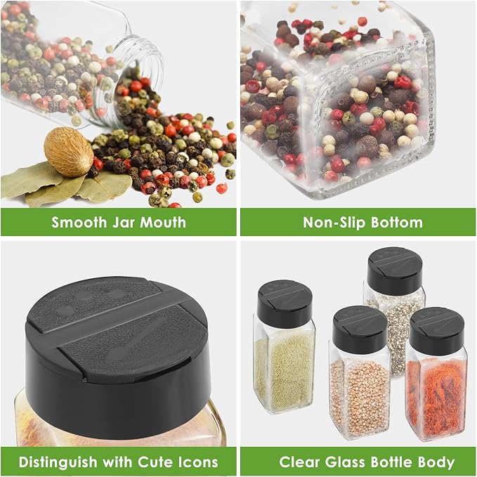 Saiveina 12 Pack Glass Spice Jars with Labels, 4oz Spices Containers Spice Jars with Black Shaker Lids, Empty Containers for Spice, Silicone Funnel and Pen Included