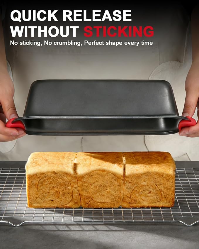 Meatloaf Pan with Drain Tray, 2PCS Nonstick Meat Loaf Pan with Drip Insert | Includes Spatula & Basting Brush, Versatile Baking Pan with Silicone Grip for Meatloaf, Bread, Roast, Cakes, Carbon Steel